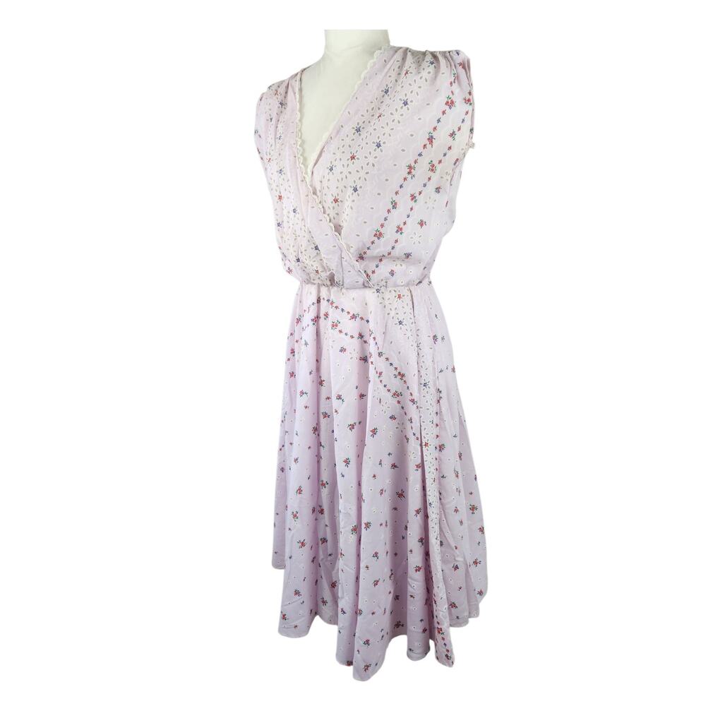 70s Vtg Sleeveless Floral Lace Detail Cotton Coquette Midi Dress LARGE Lavender - Picture 2 of 10